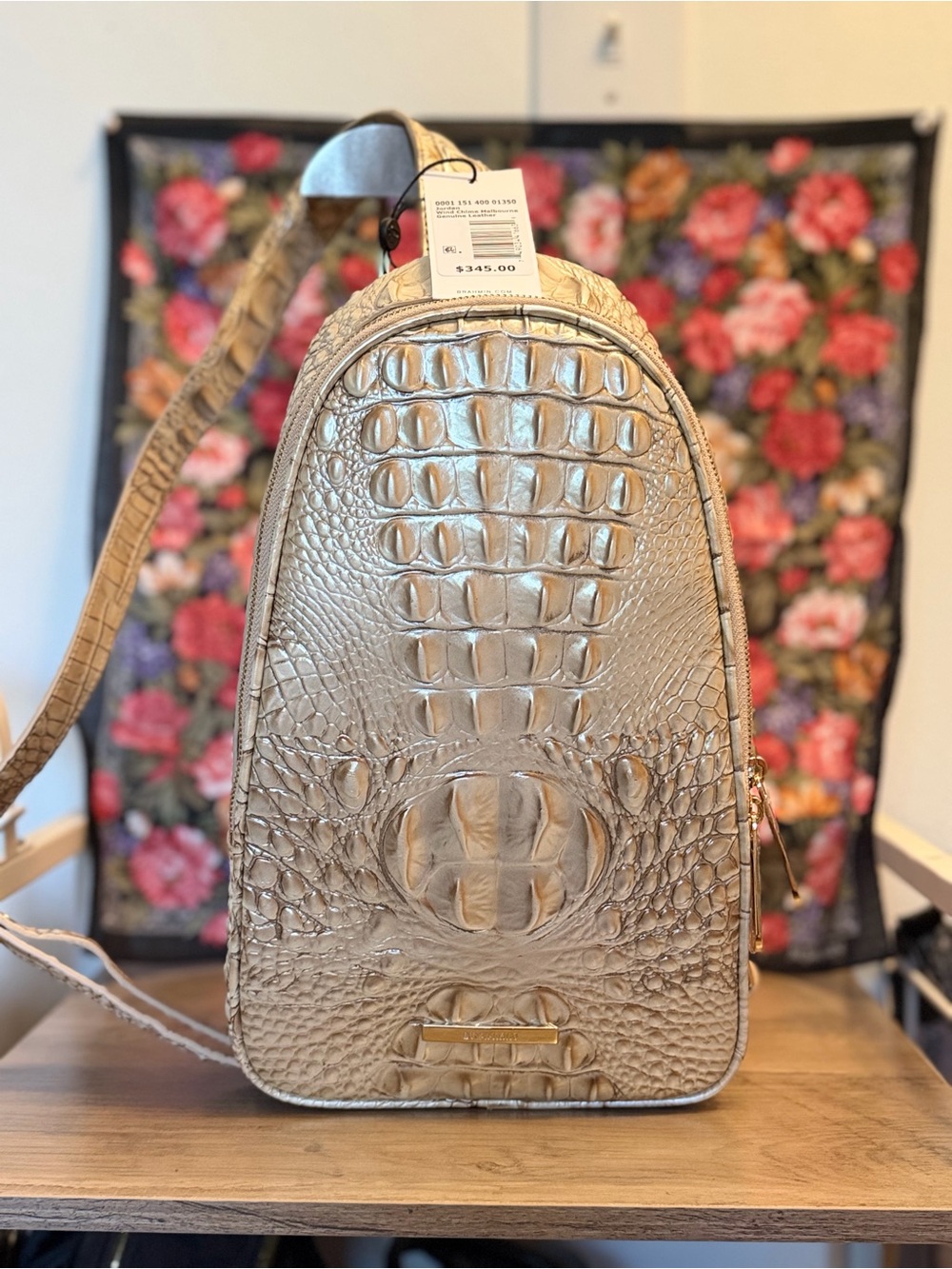 Brahmin Jordan Wind Chime Melbourne Cream Croc-Embossed Sling Backpack